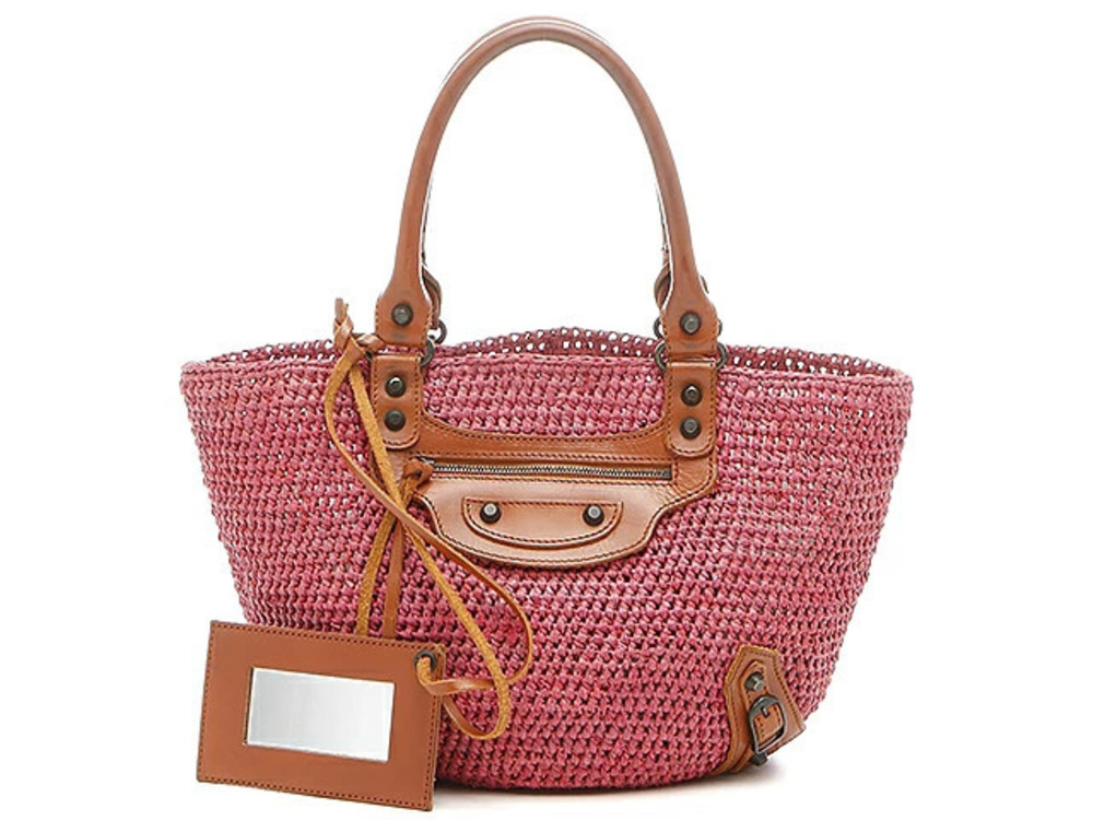 Balenciaga Basket Bag Straw Tan x Calf Leather Pink Brown